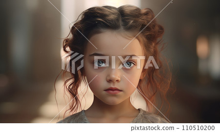 Portrait of a beautiful little girl with curly hair in a gray dress. Cute girl with curly hair with green eyes looking confidently at the camera. Children's emotions. 110510200