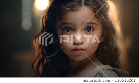 Portrait of a little girl with long curly hair in a light room. Portrait of a little girl with long curly hair in a light room. 110510201