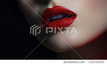 Beautiful female lips with red lipstick. Close-up portrait of a beautiful young woman with red lips. Beautiful female lips with red lipstick. Close-up portrait of a beautiful young woman with red lips. 110510205