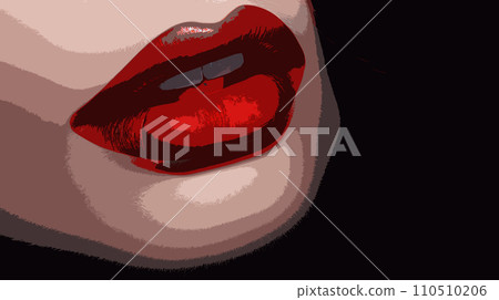 Illustration of a female mouth with red lips on a black background. 110510206