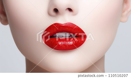 Close up of beautiful female lips with red lipstick on white background. Close up of beautiful female lips with red lipstick on white background. 110510207