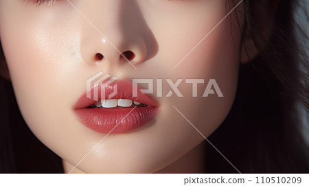 Close up of beautiful female lips with white teeth. Makeup and cosmetics concept. Close up of beautiful female lips with white teeth. Makeup and cosmetics concept. 110510209