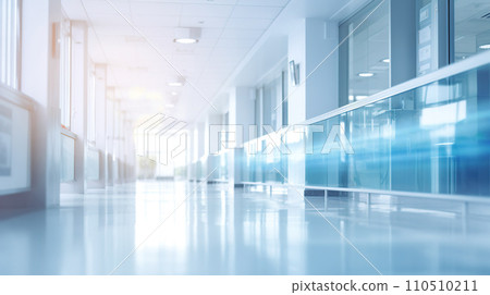 Interior corridor of a modern building. Spacious and bright, glass walls. An empty hospital corridor with bright blue walls and a glossy poured floor. Interior corridor of a modern building. Spacious and bright, glass walls. An empty hospital corridor with bright blue walls and a glossy poured floor. 110510211