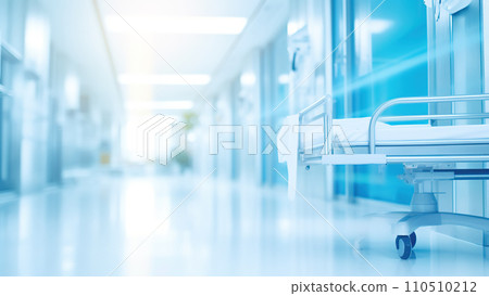 Hospital bed in a hospital room. Empty hospital corridor. Blurred interior of the hospital. Abstract medical institution. 110510212