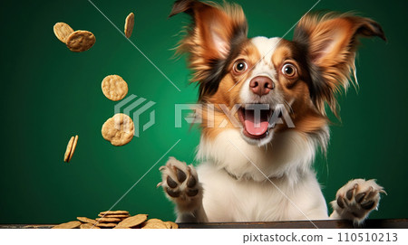 Funny dog with cookies. Funny dog on green background. Power concept. Funny dog with cookies. Funny dog on green background. Power concept. 110510213