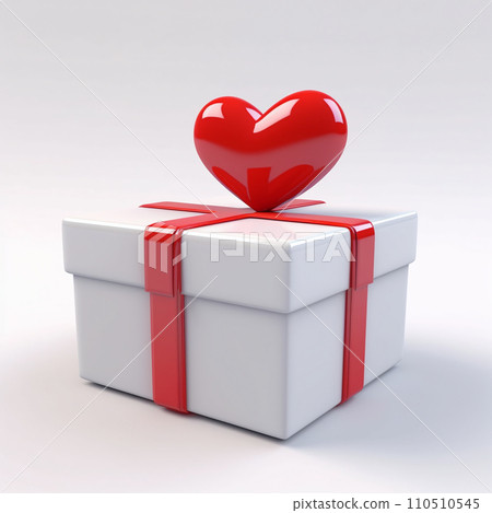 AI-generated content. 3d white gift box decorated with a red heart, isolated on a white background. Happy Valentine's day. 110510545
