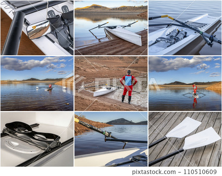 collage of images of a coastal rowing shell on Horsetooth Reservoir in Colorado featuring the same senior male rower 110510609