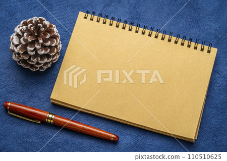 blank spiral notebook with a decorative frosty pine cone and luxury pen on art paper blank spiral notebook with a decorative frosty pine cone and luxury pen on art paper 110510625