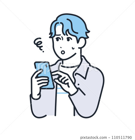 A simple vector illustration of a young man in casual clothes having trouble with his smartphone. 110511790