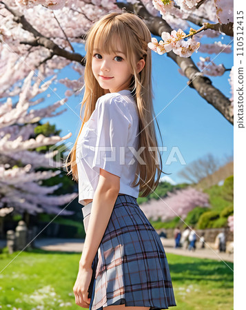 AI image: Young woman smiling in a park with cherry blossoms in full bloom 110512415