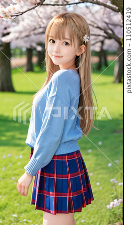 AI image: Young woman smiling in a park with cherry blossoms in full bloom 110512419