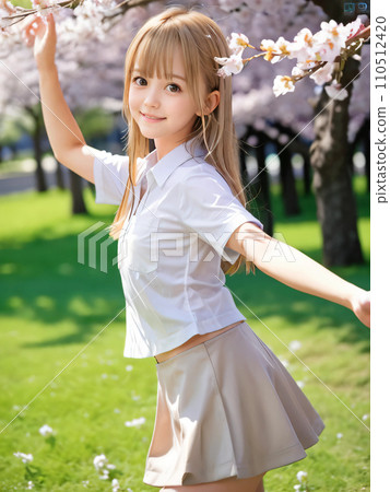AI image: Young woman smiling in a park with cherry blossoms in full bloom 110512420