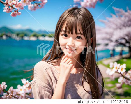 AI image: Young woman smiling in a park with cherry blossoms in full bloom 110512428