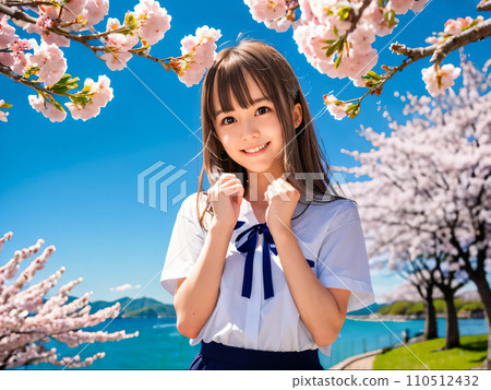 AI image: Young woman smiling in a park with cherry blossoms in full bloom 110512432