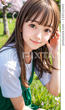 AI 圖片：在櫻花盛開的公園裡微笑的年輕女子 110512445