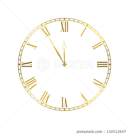 Golden elegant roman numerals clock. Luxury glossy golden clock face dial of round shape vector illustration isolated on white background Golden elegant roman numerals clock. Luxury glossy golden clock face dial of round shape vector illustration isolated on white background 110512647