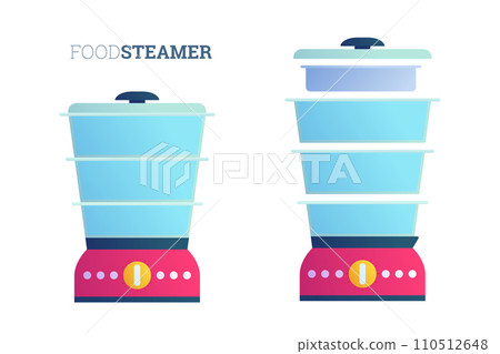 Empty domestic food steamers flat set. Double boiler electric device. Household kitchen appliance for food cooking. Healthy diet and eating concept vector illustration isolated on white background Empty domestic food steamers flat set. Double boiler electric device. Household kitchen appliance for food cooking. Healthy diet and eating concept vector illustration isolated on white background 110512648