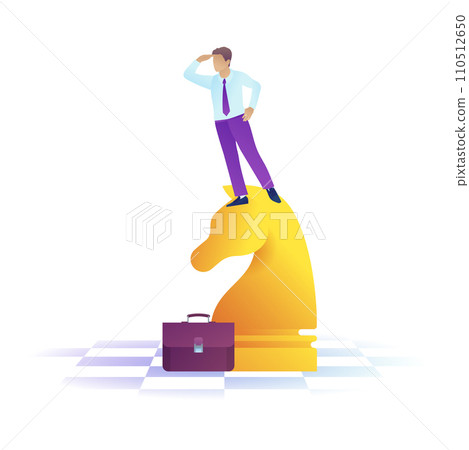 Concentrated businessman standing looking ahead into the distance. Handsome man in office clothes stands on chess figure. Business vision perspective planning concept. Flat vector illustration Concentrated businessman standing looking ahead into the distance. Handsome man in office clothes stands on chess figure. Business vision perspective planning concept. Flat vector illustration 110512650