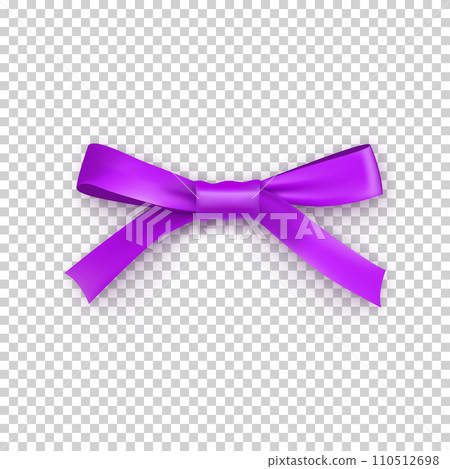 Purple gift bow from satin thin tape isolated on transparent background. Realistic decoration for any holidays presents or flowers. Elegant object from silk ribbon vector illustration. 110512698