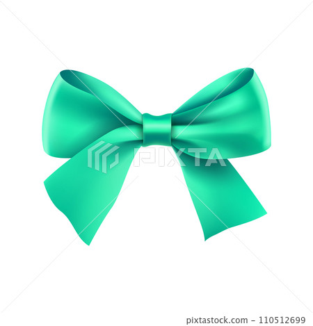 Decorative turquoise ribbon bow. Realistic decoration for holiday. Elegant silk accessory for clothes. Holyday design element isolated on white. Elegant object from silk vector illustration. 110512699