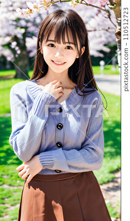 AI 圖片：在櫻花盛開的公園裡微笑的年輕女子 110512723