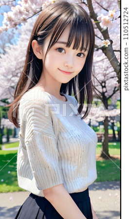 AI 圖片：在櫻花盛開的公園裡微笑的年輕女子 110512724