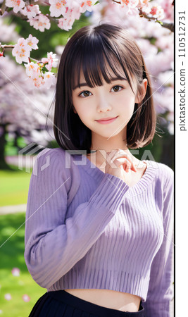 AI image: Young woman smiling in a park with cherry blossoms in full bloom 110512731