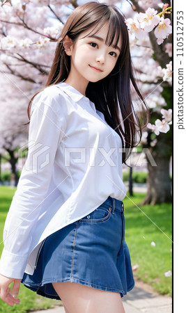 AI 圖片：在櫻花盛開的公園裡微笑的年輕女子 110512753