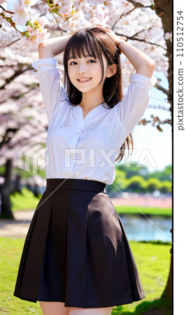 AI 圖片：在櫻花盛開的公園裡微笑的年輕女子 110512754