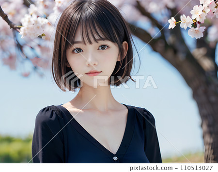 AI image: Young woman smiling in a park with cherry blossoms in full bloom 110513027