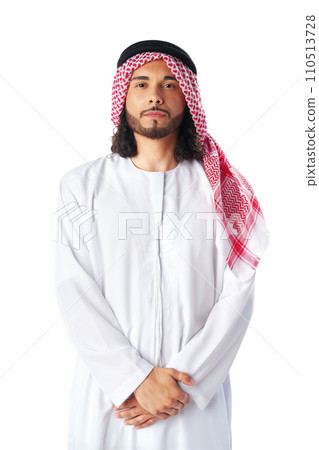 Portrait of a young Arab man wearing middle-eastern traditional dress thobe isolated on white 110513728