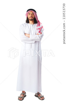Full-length portrait of young middle-east man in thobe dress on white background Full-length portrait of young middle-east man in thobe dress on white background 110513730