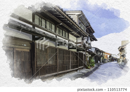 水彩畫風格高岡金谷町千格子房屋 富山縣高岡市 110513774