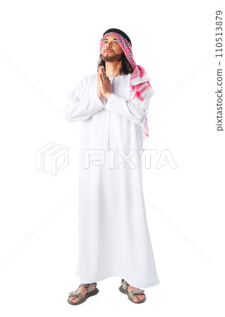 Full-length portrait of young middle-east man in thobe dress on white background Full-length portrait of young middle-east man in thobe dress on white background 110513879