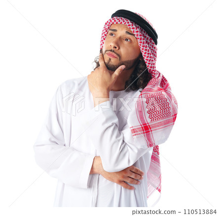 Pensive young man in traditional middle-east dress thobe on white background 110513884