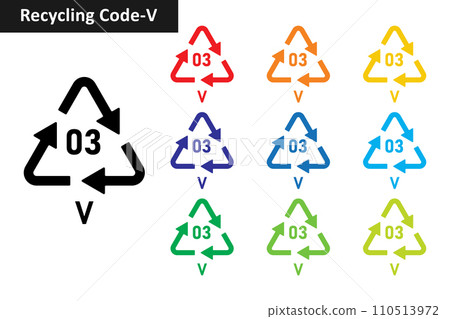 V plastic recycling code icon set. Plastic recycling symbols 03 PVC. Plastic recycling code 03 icon collection in ten different colors. Set of plastic recycling code symbol icon 03 V. V plastic recycling code icon set. Plastic recycling symbols 03 PVC. Plastic recycling code 03 icon collection in ten different colors. Set of plastic recycling code symbol icon 03 V. 110513972