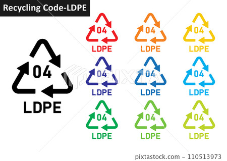 LDPE plastic recycling code icon set. Plastic recycling symbols 04 LDPE. Plastic recycling code 04 icon collection in ten different colors. Set of plastic recycling code symbol icon 04 LDPE. 110513973