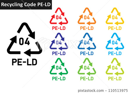 PE-LD plastic recycling code icon set. Plastic recycling symbols 04 PE-LD. Plastic recycling code 04 icon collection in ten different colors. Set of plastic recycling code symbol icon 04 PE-LD. PE-LD plastic recycling code icon set. Plastic recycling symbols 04 PE-LD. Plastic recycling code 04 icon collection in ten different colors. Set of plastic recycling code symbol icon 04 PE-LD. 110513975