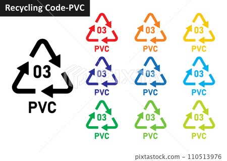 PVC plastic recycling code icon set. Plastic recycling symbols 03 PVC. Plastic recycling code 03 icon collection in ten different colors. Set of plastic recycling code symbol icon 03 PVC. 110513976