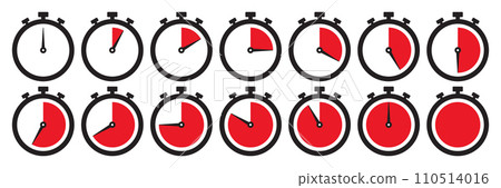 Clock icon set in red color. Stopwatch symbol set. Countdown clock stopwatch, timer vector illustation. Collection of timer icon set in red color on white background. 110514016