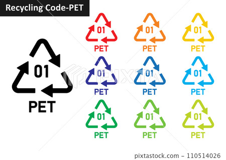 PET plastic recycling code icon set. Plastic recycling symbols 01 PET. Plastic recycling code 01 icon collection in ten different colors. Set of plastic recycling code symbol icon 01 PET. 110514026