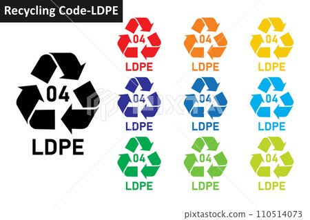 LDPE plastic recycling code icon set. Mobius Strip plastic recycling symbols 04 LDPE. Plastic recycling code 04 icon collection in ten different colors. Set of plastic recycling code icon 04 LDPE. 110514073