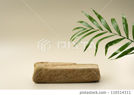 Granite stone with branch green leaf on beige background Granite stone with branch green leaf on beige background 110514311