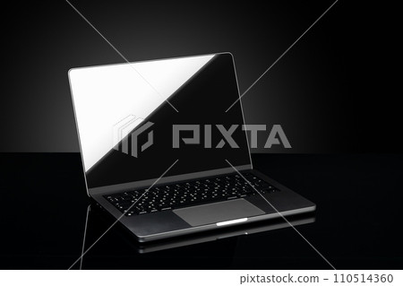 Open laptop with black screen against black background Open laptop with black screen against black background 110514360