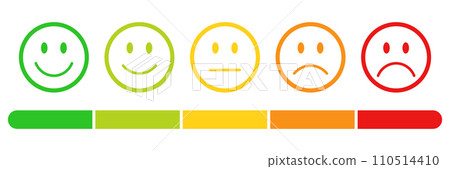 Rating emojis set in different colors outline with a rating scale. Feedback emoticons collection, Very happy, happy, neutral, sad and very sad emojis with a rating review measuring scale. Rating emojis set in different colors outline with a rating scale. Feedback emoticons collection, Very happy, happy, neutral, sad and very sad emojis with a rating review measuring scale. 110514410