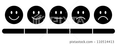 Rating emojis set in black with a black rating scale. Feedback emoticons collection, Very happy, happy, neutral, sad and very sad emojis with review measuring scale. Flat icon set of rating emoticons Rating emojis set in black with a black rating scale. Feedback emoticons collection, Very happy, happy, neutral, sad and very sad emojis with review measuring scale. Flat icon set of rating emoticons 110514413