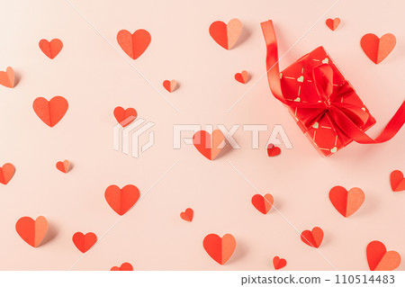 Happy Valentine's Day Background. Top view beautiful hearts and gift boxes on pastel pink background surprise your loved with space for text, mother's day, concept banner holiday Happy Valentine's Day Background. Top view beautiful hearts and gift boxes on pastel pink background surprise your loved with space for text, mother's day, concept banner holiday 110514483