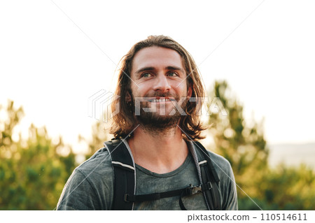 Portrait of hiker man with backpack trekking in the mountains 110514611