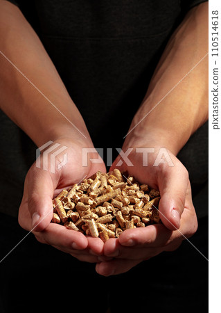 Human hands holding wooden pellets biofuel studio shot Human hands holding wooden pellets biofuel studio shot 110514618