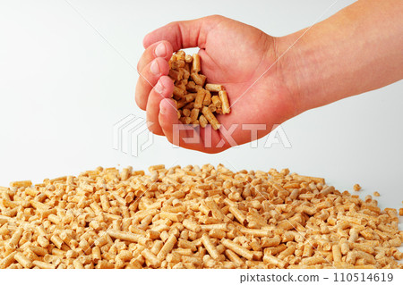 Human hands holding wooden pellets biofuel studio shot Human hands holding wooden pellets biofuel studio shot 110514619